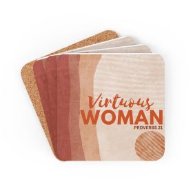 Corkwood Coaster Set - 4 Pieces, Virtuous Woman - Proverbs 31, Neutral Tone Pattern