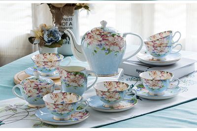 21piece-set Delicate Bone China Coffee Cup Set European (Option: Blue-Default Item)