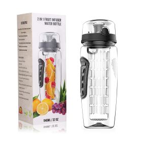 Fruit Infuser Water Bottle 32OZ Juice Shaker Sport w/ Flip Top Lid Anti-Slip Grips (Color: BLACK)