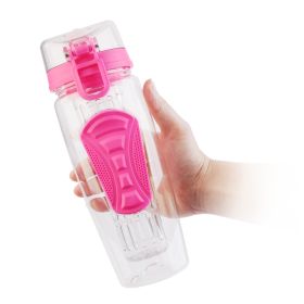 Fruit Infuser Water Bottle 32OZ Juice Shaker Sport w/ Flip Top Lid Anti-Slip Grips (Color: PINK)