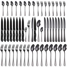 Stainless Steel Tableware 48 Pieces Suit Steak Knife Fork And Spoon (Color: BLACK)